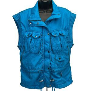 Vintage 90s Lavon Sport Vest Jacket Satin Blue Pockets Sleeveless Womens Medium